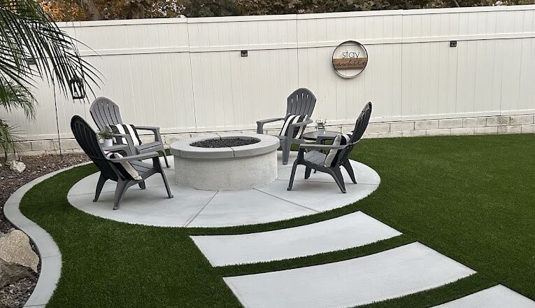 Backyard OakHills Turf, concret and Fire pit Installation, Fontana CA Kimberly R Concrete Services, Patios, Driveway, Pool Decks & more - GreenR Pavers